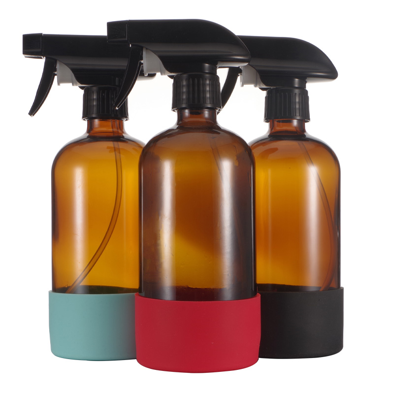 16 oz Refillable Amber Glass Spray Bottles With Silicone Sleeve