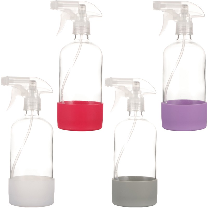 16 oz Refillable Clear Glass Spray Bottles With Silicone Sleeve