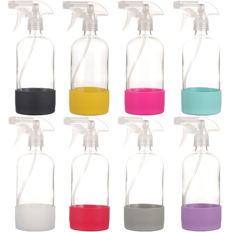 16 oz Refillable Clear Glass Spray Bottles With Silicone Sleeve