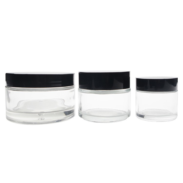 Empty Clear Glass Cosmetic Face Cream Jar Bottle With Black Lid
